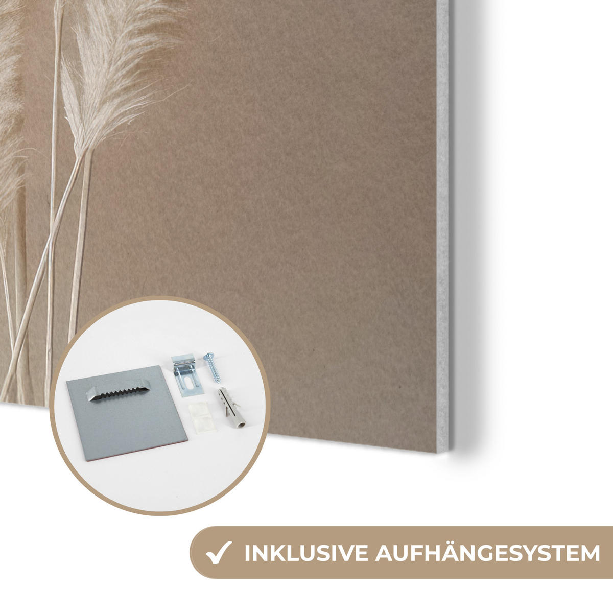 AKUSTIKPANEEL Pampasgras - Federn - Pastell - Weiß 90x90 cm - Naturfarben, Textil (90/0.9/90cm) - MuchoWow