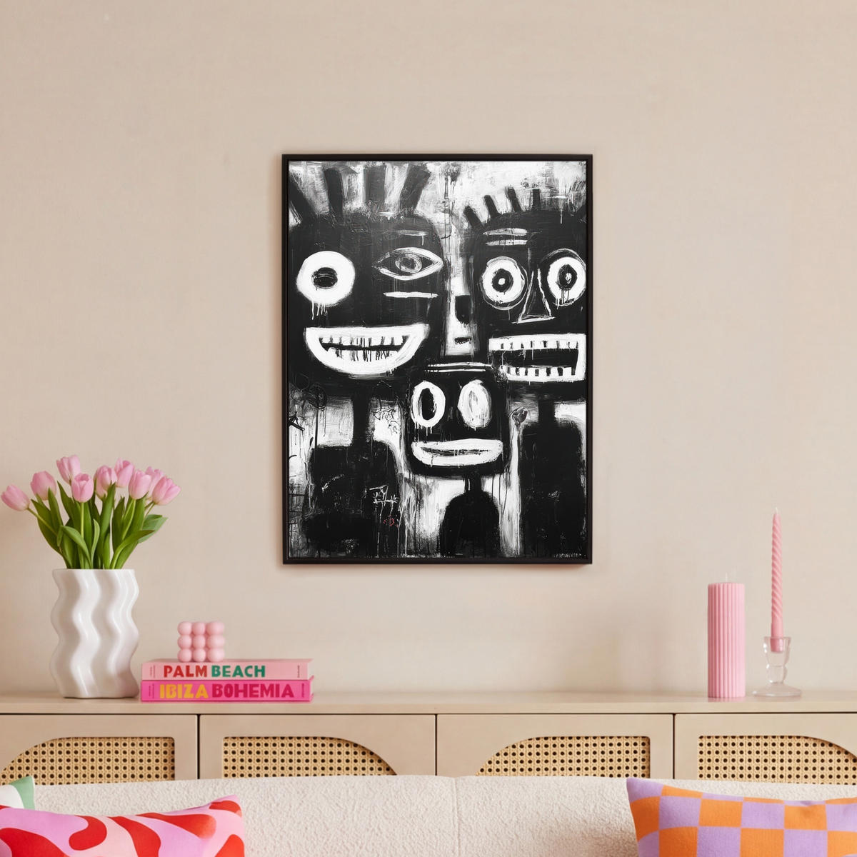 LEINWAND Bilder mit Rahmen - Malerei - Figuren - Schwarz - Abstrakt - 50x70 - Schwarz, Textil (50/70cm) - MuchoWow