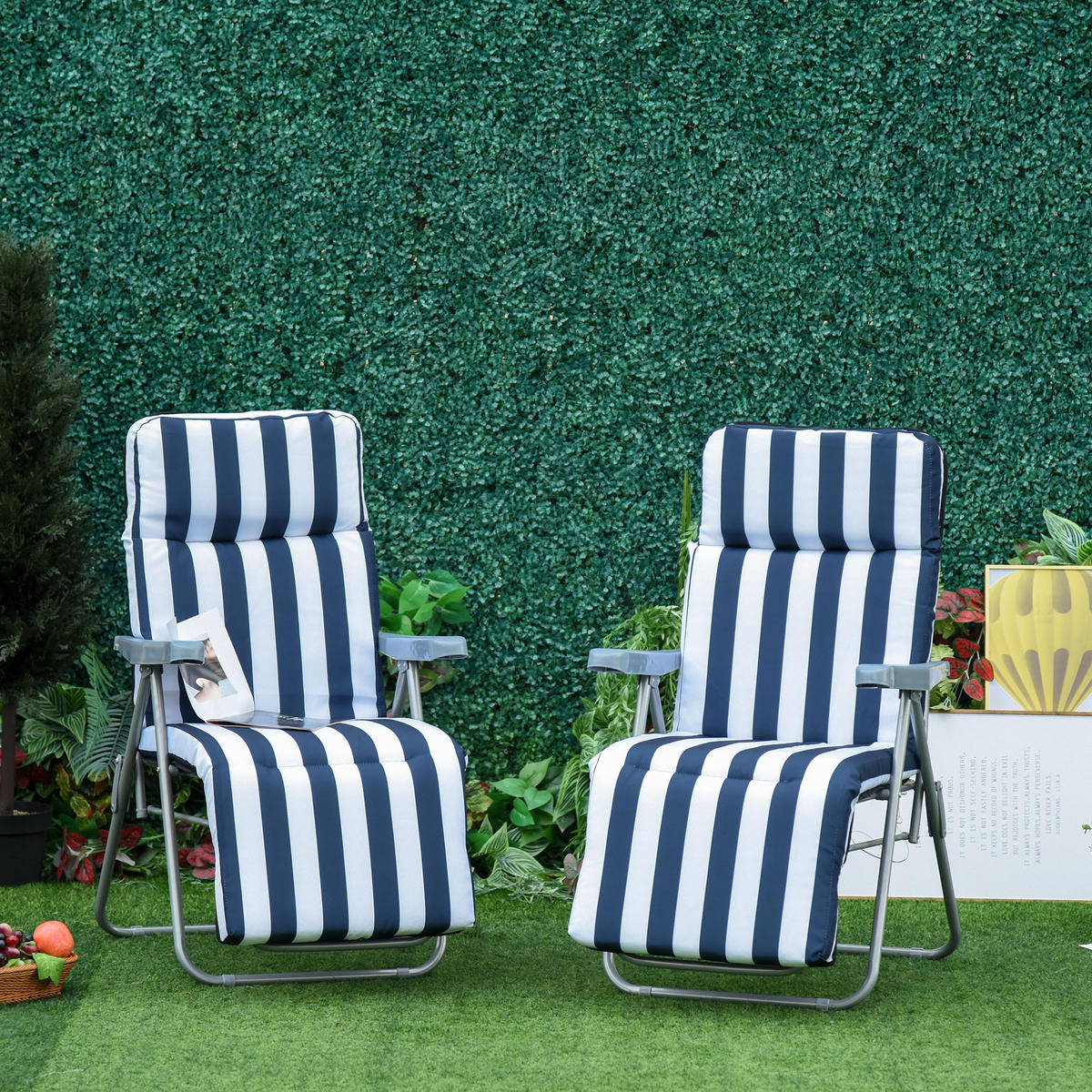 2 x Klappstühle Gartenstuhl Sonnenliege Armlehne klappbar 5 Positionen Auflage Blau 60 x 75 x 102 cm - Blau, Metall (60/102/75cm)