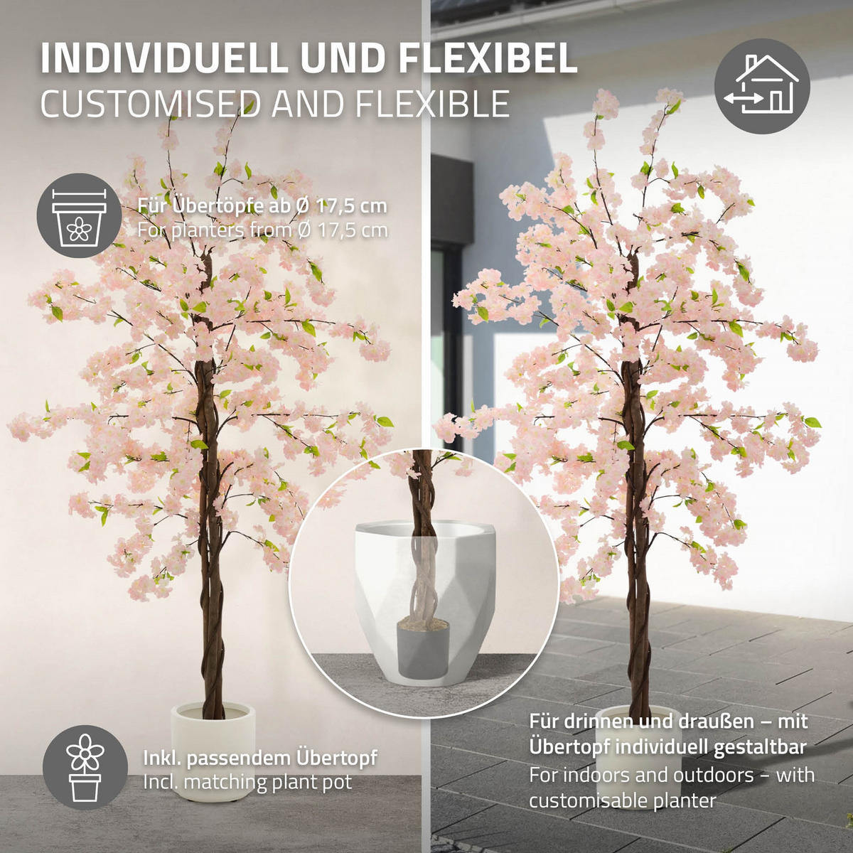UMĚLÝ TŘEŠŇOVÝ KVĚT 210 cm Růžový s kmenem z přírodního dřeva - růžová/černá, textil/plast (210cm) - ML-DESIGN