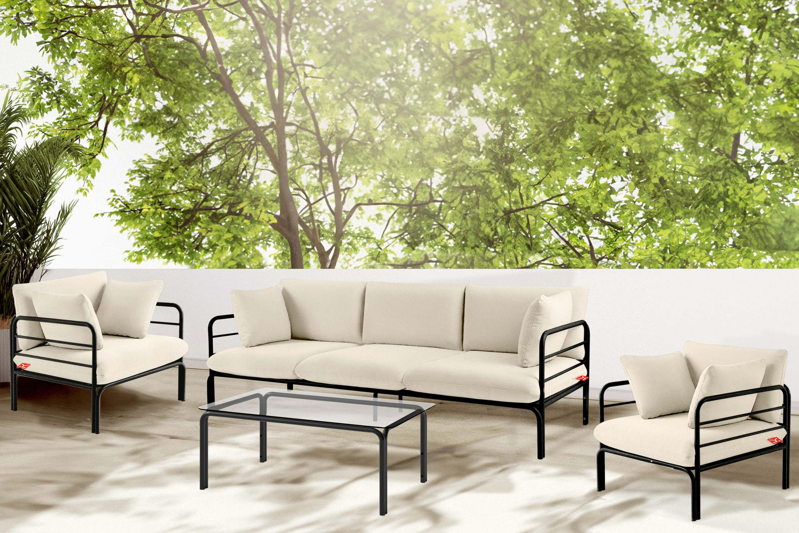 GARTENMÖBELSET RAMBE 4-tlg. 1x Tisch 2x Sessel 1x Sofa 3-Sitzer, mit Auflage, Stahlrahmen, LOFT-STIL, Anthrazit/Cremeweiß - Dunkelgrau/Creme, Textil/Metall - KONSIMO®
