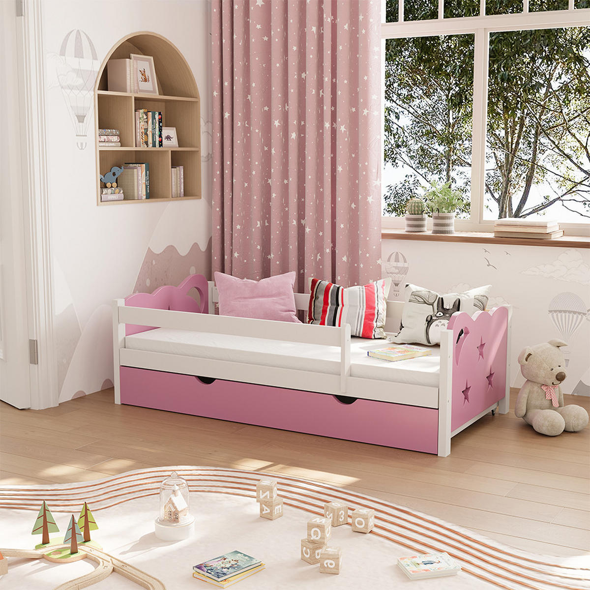 KINDERBETT Jessica Rosa/Weiß 80x160 cm mit Schublade und Matratze - Pink/Weiß, Holzwerkstoff (166/53/86cm) - VitaliSpa