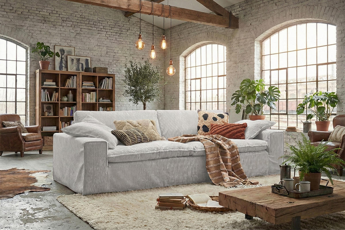SOFA NETTA Hellgrau Cord - Hellgrau/Braun, Birkenholz/Textil (226/90/116cm) - KAWOLA