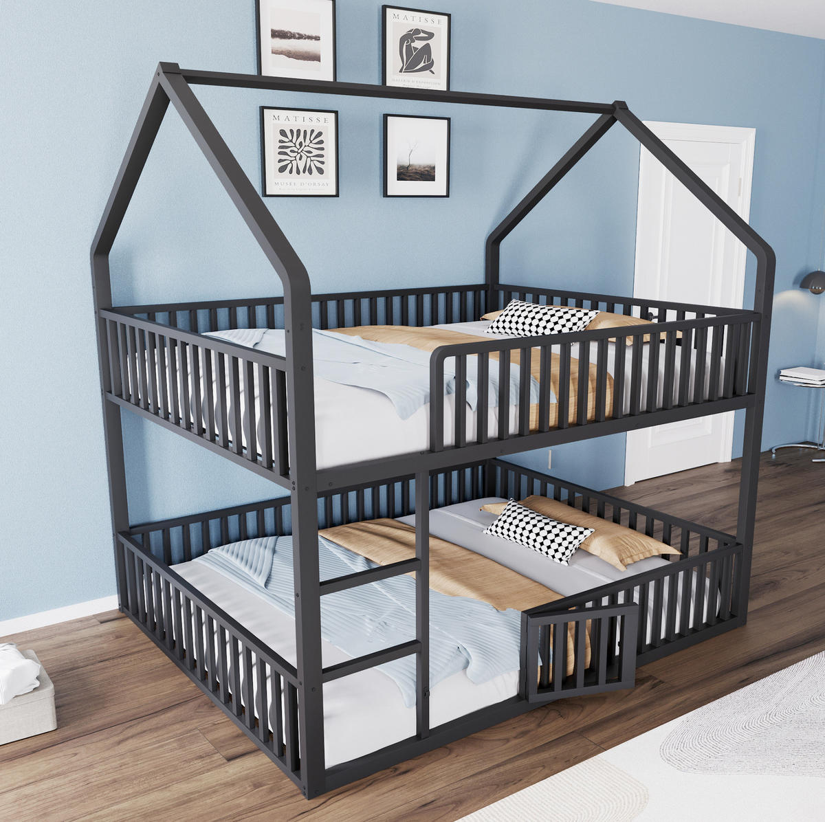 HAUSBETT 140/200 cm aus Metall in Schwarz mit Hausform und Leiter - Schwarz, Metall (140/200cm) - BEAOK