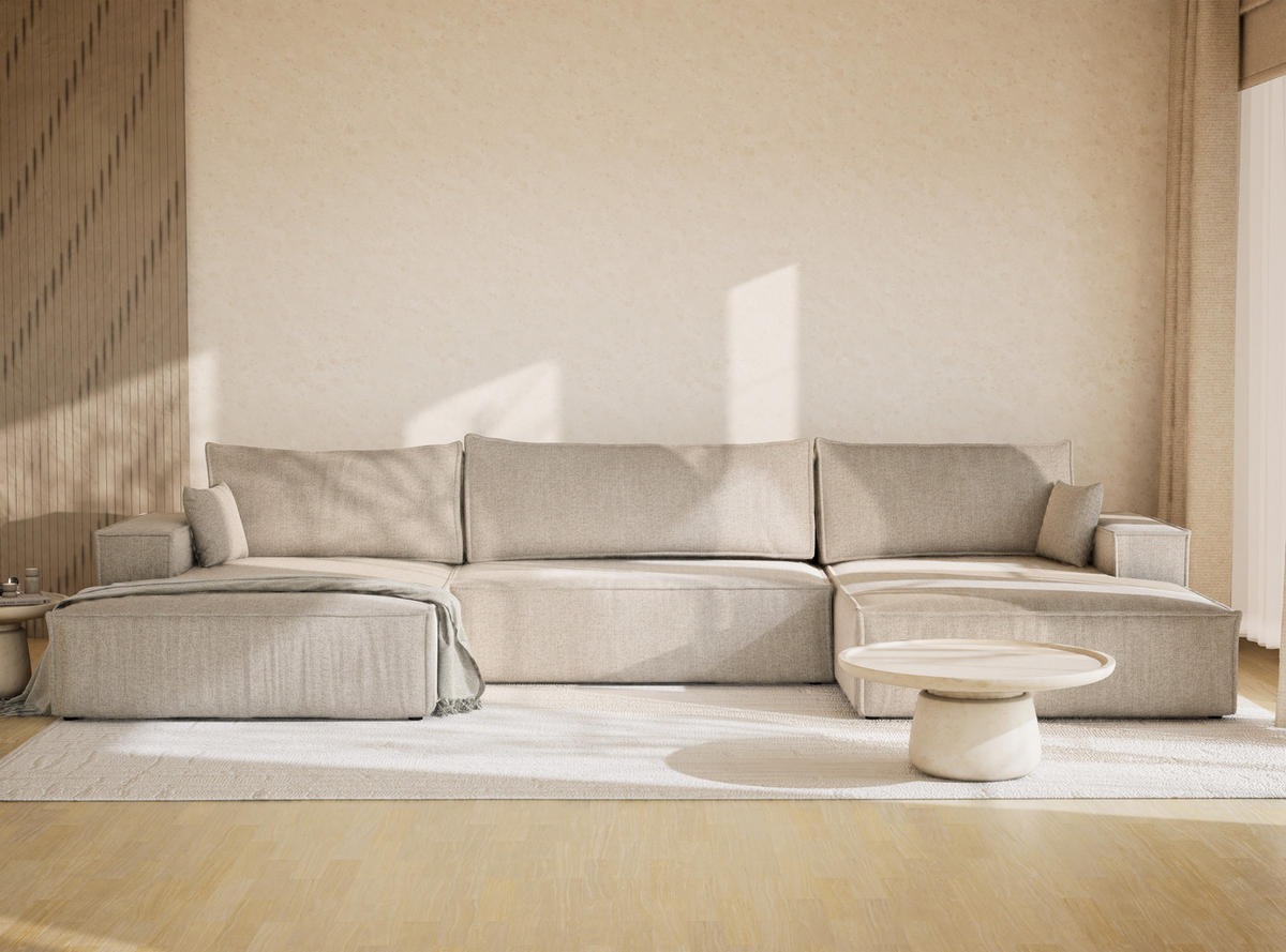 WOHNLANDSCHAFT Kyoto Beige Webstoff - Beige/Schwarz, Holz/Holzwerkstoff (398/70/148cm) - Maison de Reve