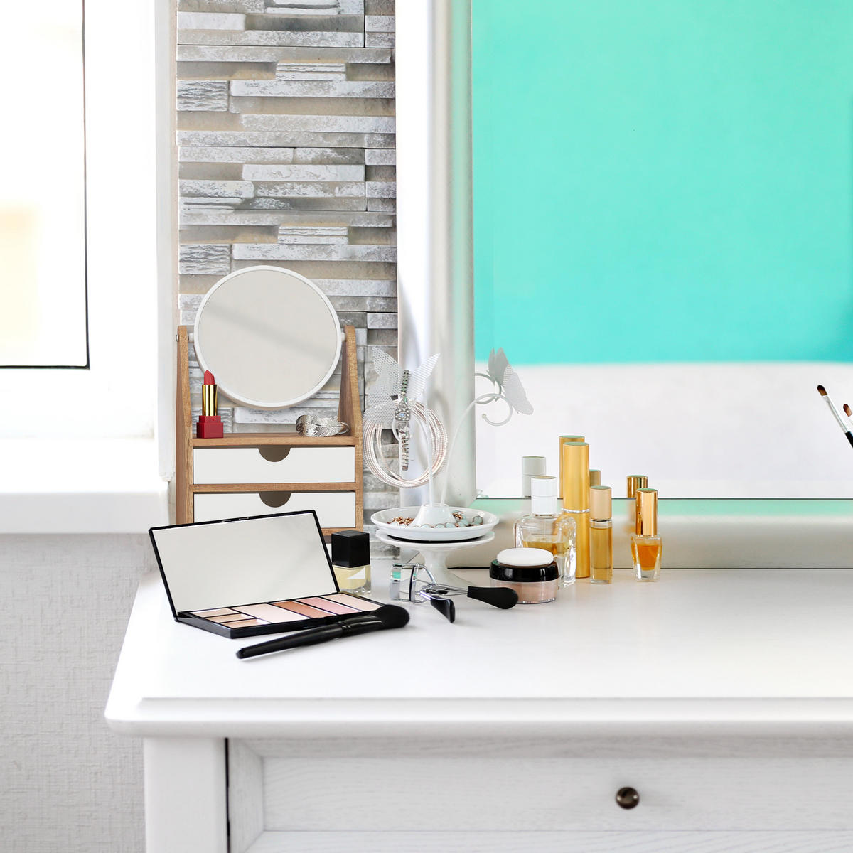 SCHMINKAUFSATZ - Multicolor, Glas/Holz (19/34/10.5cm) - Relaxdays