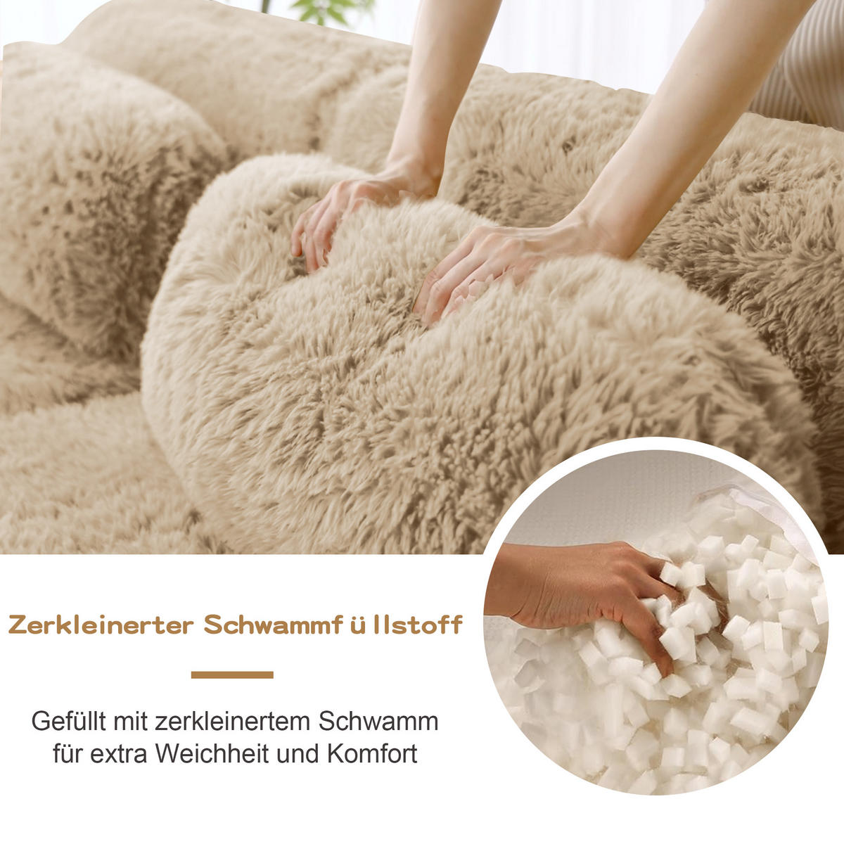 ECKSOFA 378/179/73 cm Hellkhaki Plüsch mit 1 Fußhocker und 2 kleinen Dekokissen - Kaschmir/Graubraun, Textil (378/179cm) - Oxeza