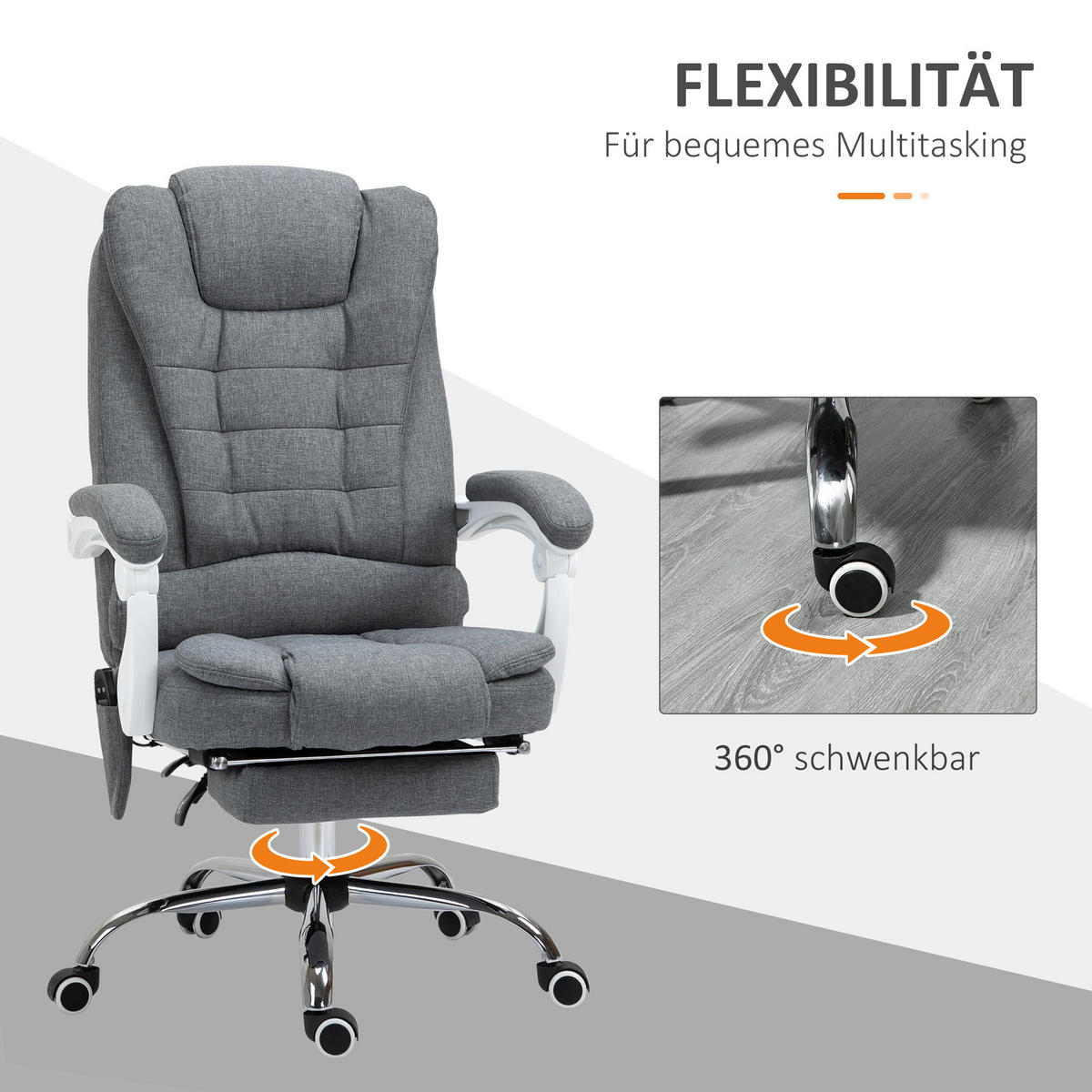 BÜROSTUHL mit Massagefunktion, Ergonomischer Schreibtischstuhl mit Liegefunktion - Silberfarben/Grau, Kunststoff/Textil (70/119/65cm) - Vinsetto