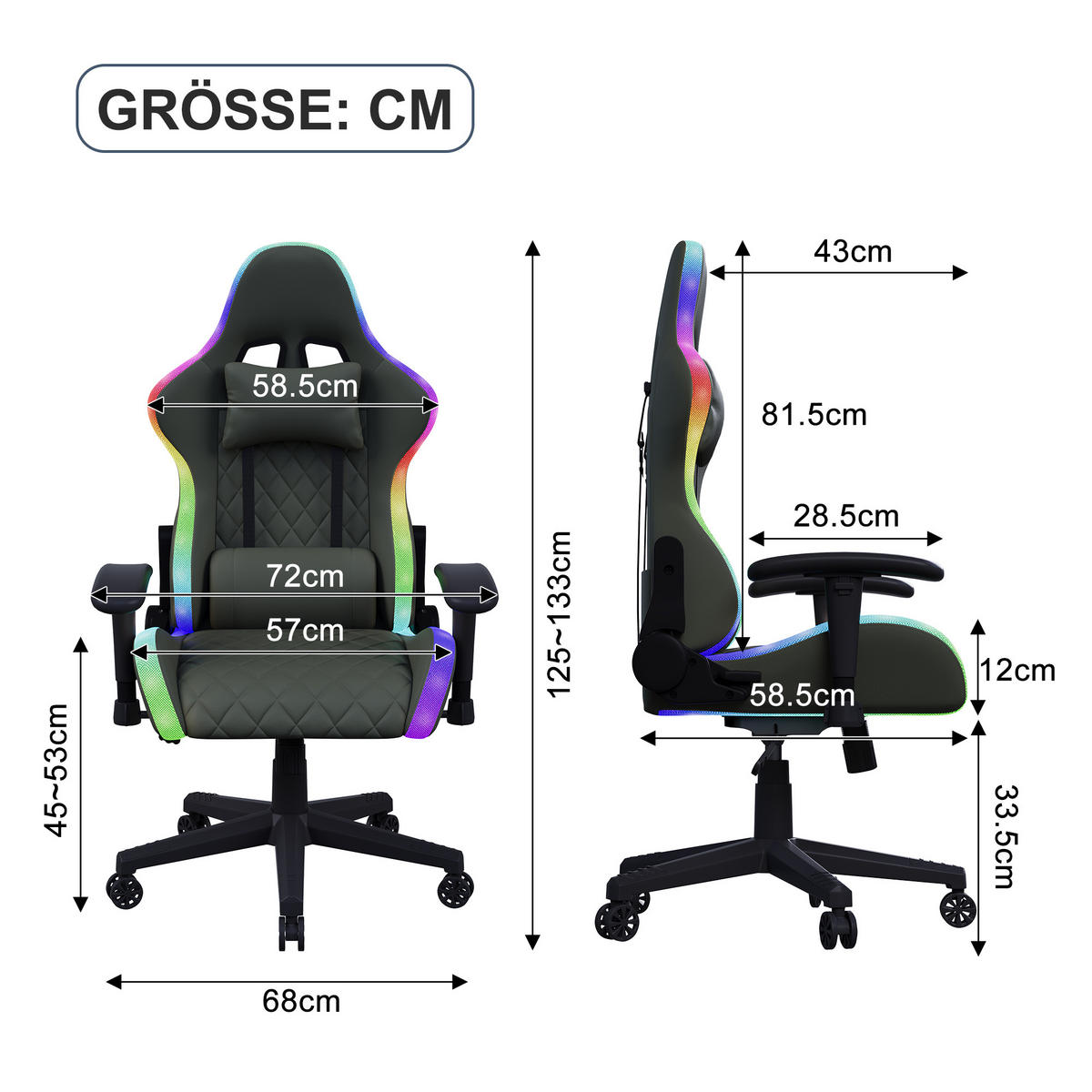 GAMINGSTUHL RGB LED Massage verstellbar ergonomisch schwarz - Schwarz, Holz (68/133/68cm) - LEBENLANG