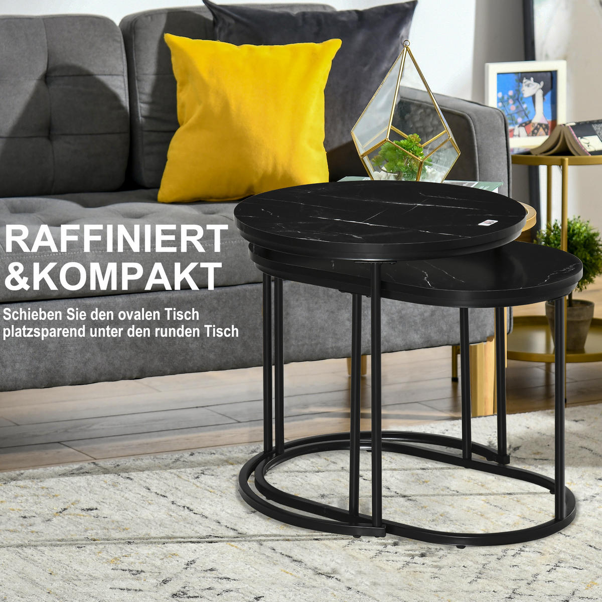 COUCHTISCH-SET 50/50/50,5 cm & 60/36/43,5 cm stapelbar mit verstellbaren Füßen und Marmoroptik, Schwarz - Schwarz, Metall (50/50/50.5cm) - Redom