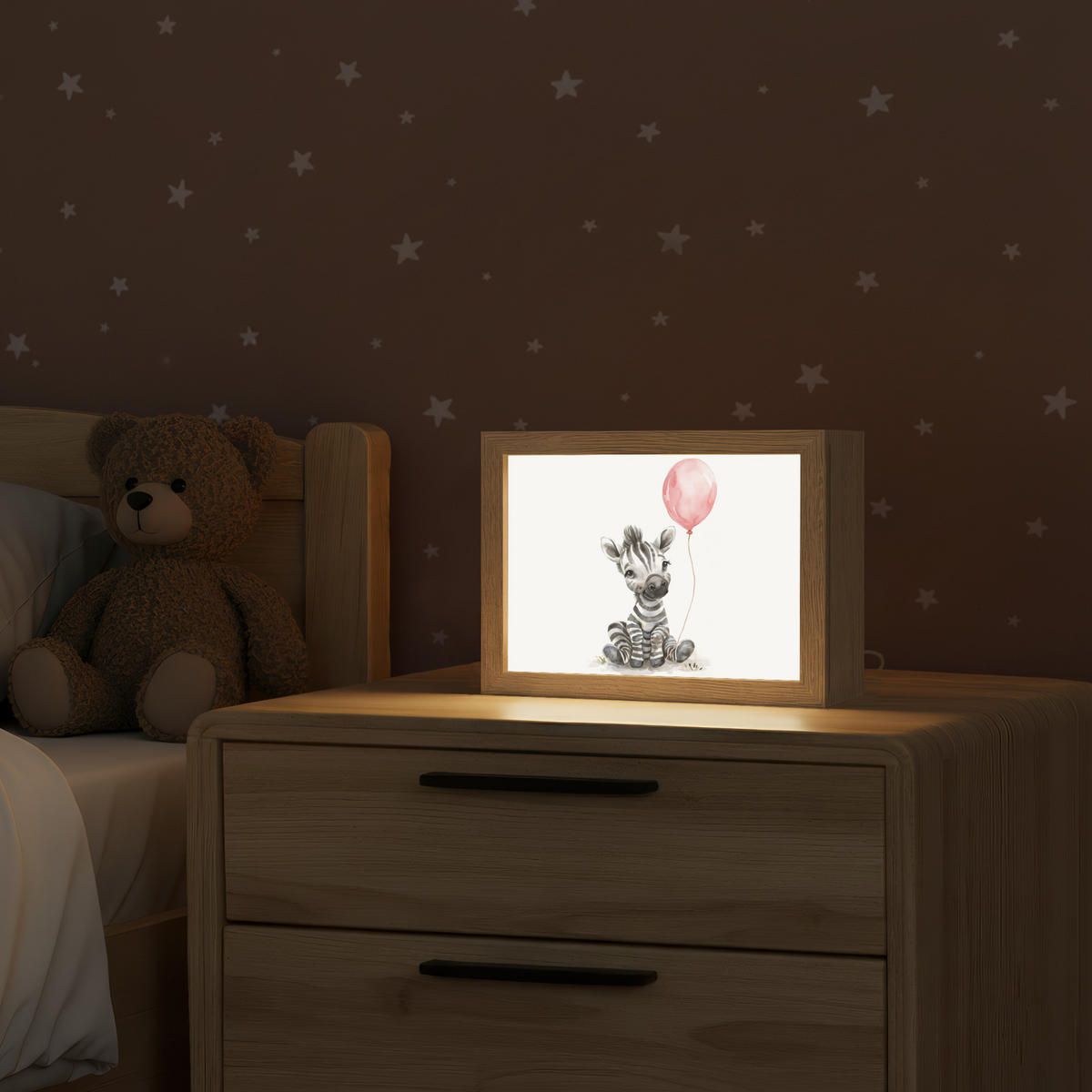 NACHTTISCHLAMPE Zebra - Baby - Tiere - Rosa Luftballon 20x15 cm - Weiß, Holzwerkstoff (8/20/15cm)