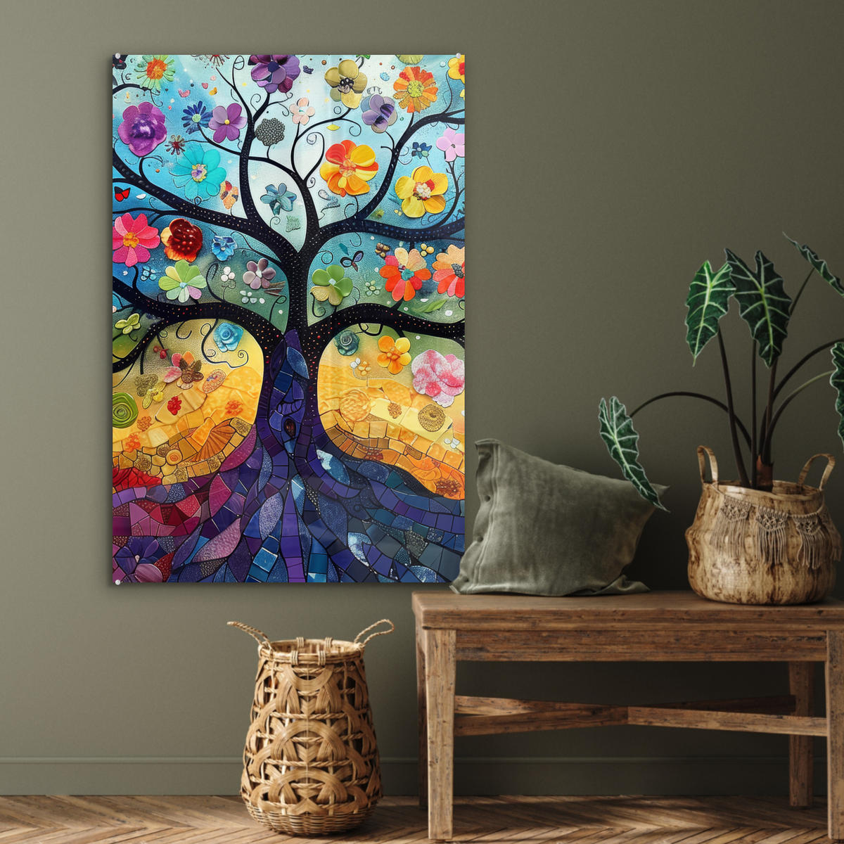 ACRYLGLASBILD Kunst - Baum des Lebens - Blumen - Hippie 60x90 cm - Dunkelblau, Glas (60/90cm) - MuchoWow