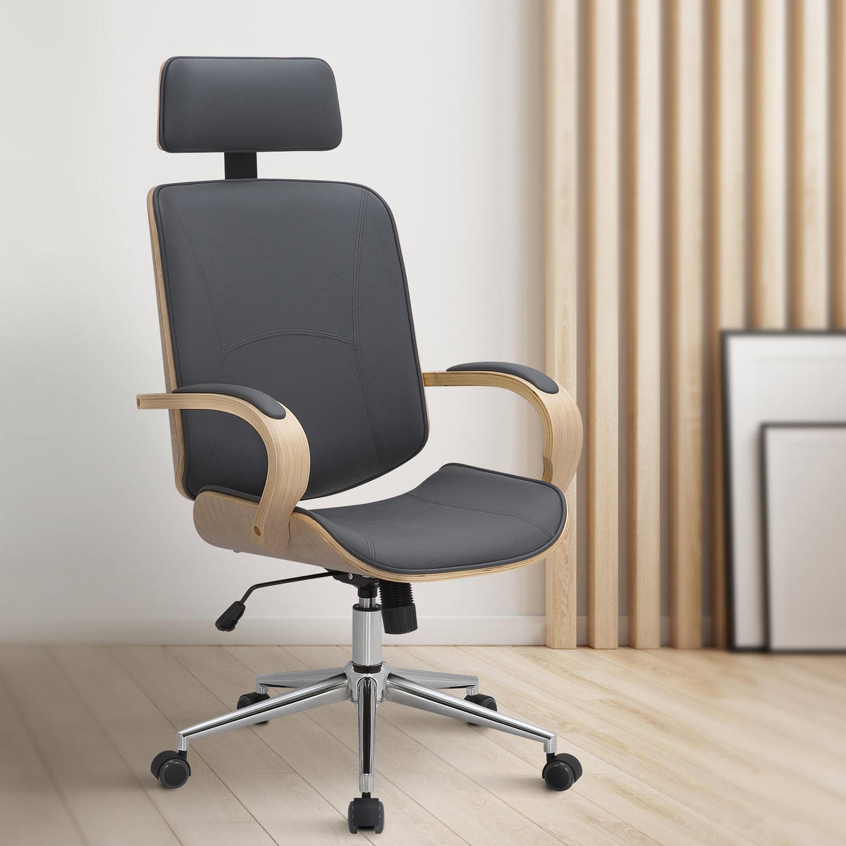 DREHSTUHL Lederlook Natura/Grau - Chromfarben/Eukalyptusholzfarben, Textil/Metall (70/118/70cm) - CLP