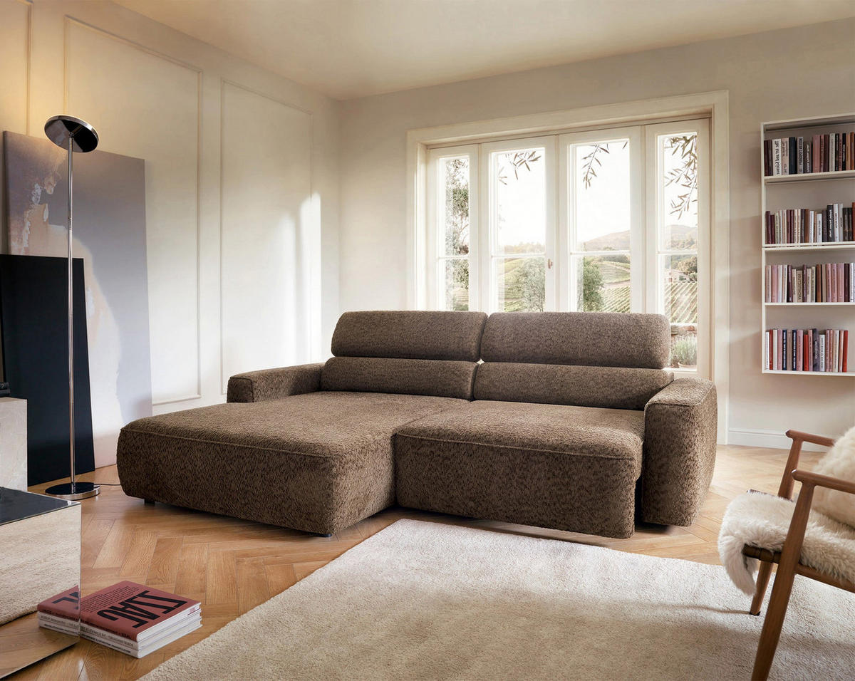 ROHOVÁ pohovka Fando s elektricky výsuvným sedákem, světle hnědý ženil, levá - černá/světle hnědá, textil/plast (252/182cm) - Selsey