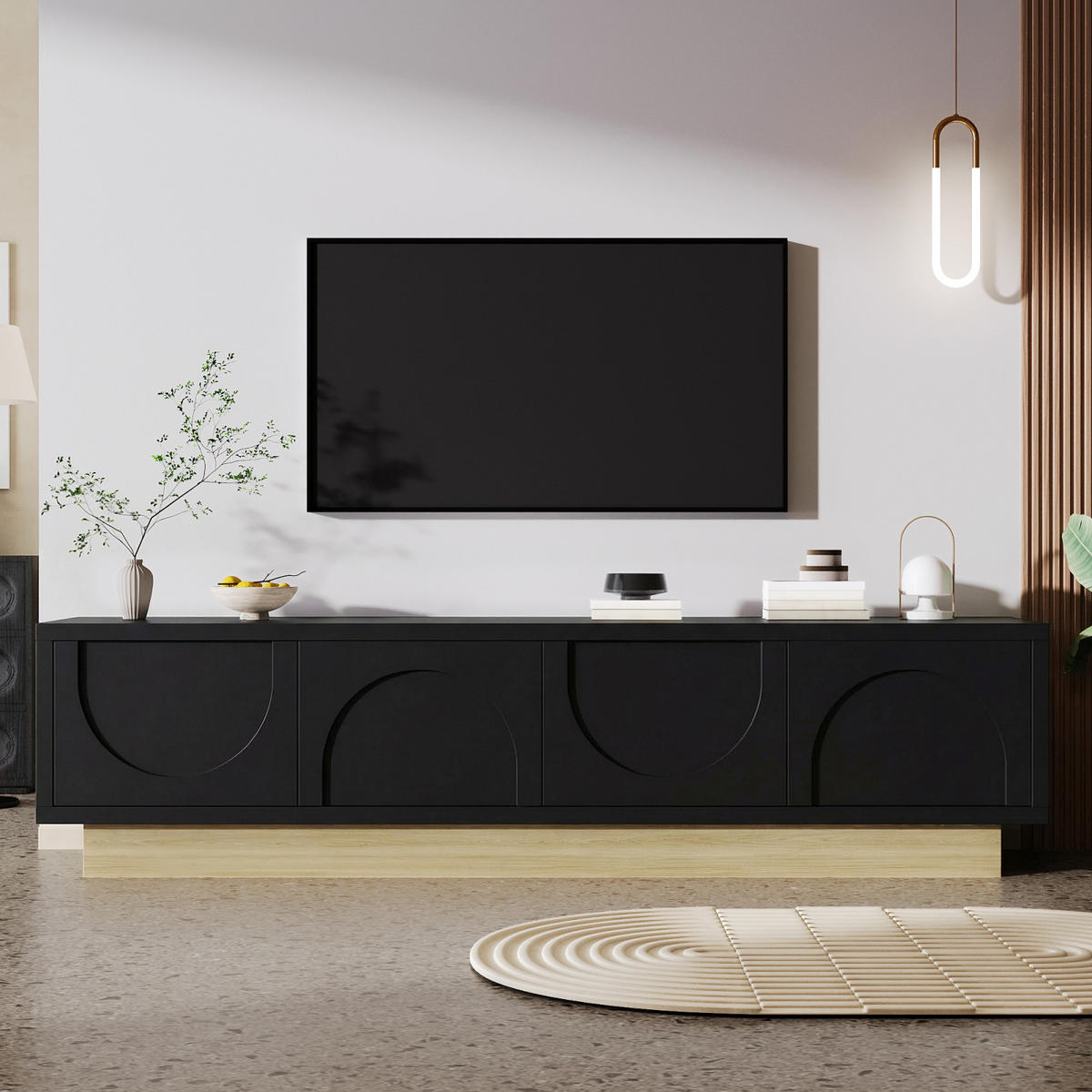 TV-LOWBOARD 175 x 40 x 41,5 cm aus MDF, Holzoptik, 4 Türen, Kabelmanagement, gebogen, Schwarz - Schwarz, Holzwerkstoff (175/41/40cm)