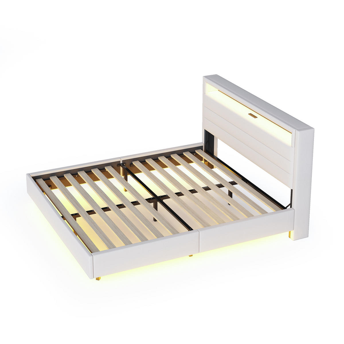 POLSTERBETT 160/200 cm beige mit USB-Steckdose und LED-Beleuchtung - Beige, Textil (160/200cm) - OKWISH