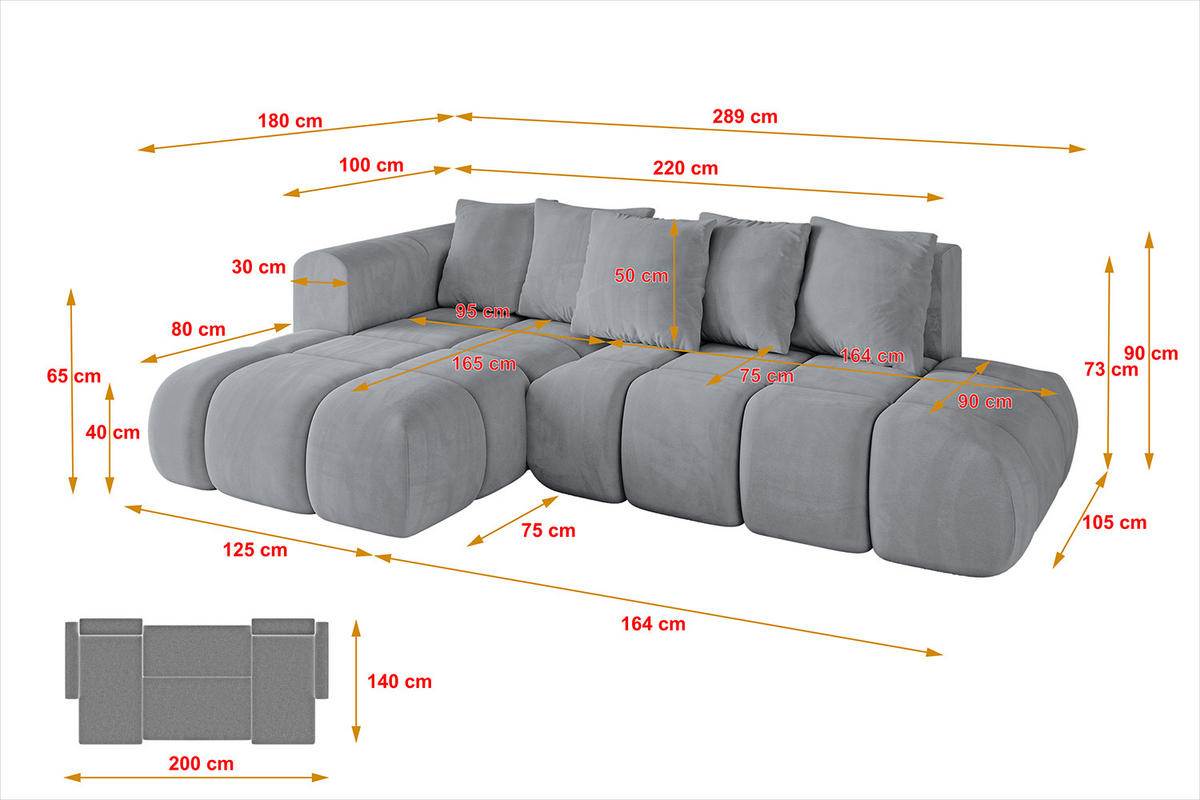 ECKSOFA Ottomane Links CLOUD-L-v1 289x180x40 Hellgrau Velours - Hellgrau, Holzwerkstoff/Kunststoff (180/289cm) - ALTDECOR