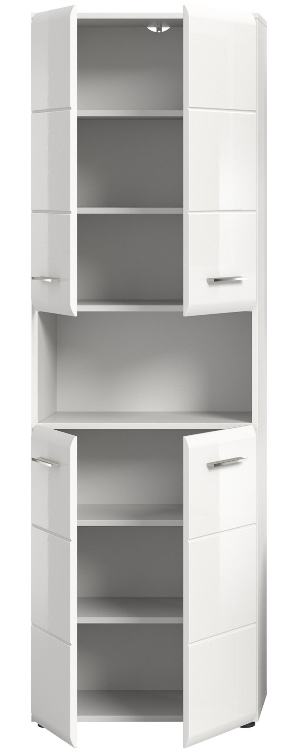HOCHSCHRANK weiß Hochglanz, Badschrank 60 cm mit 7 großen Stauraum-Fächern - Weiß Hochglanz/Silberfarben, Holzwerkstoff/Kunststoff (60/185/30cm) - Inn.Furn