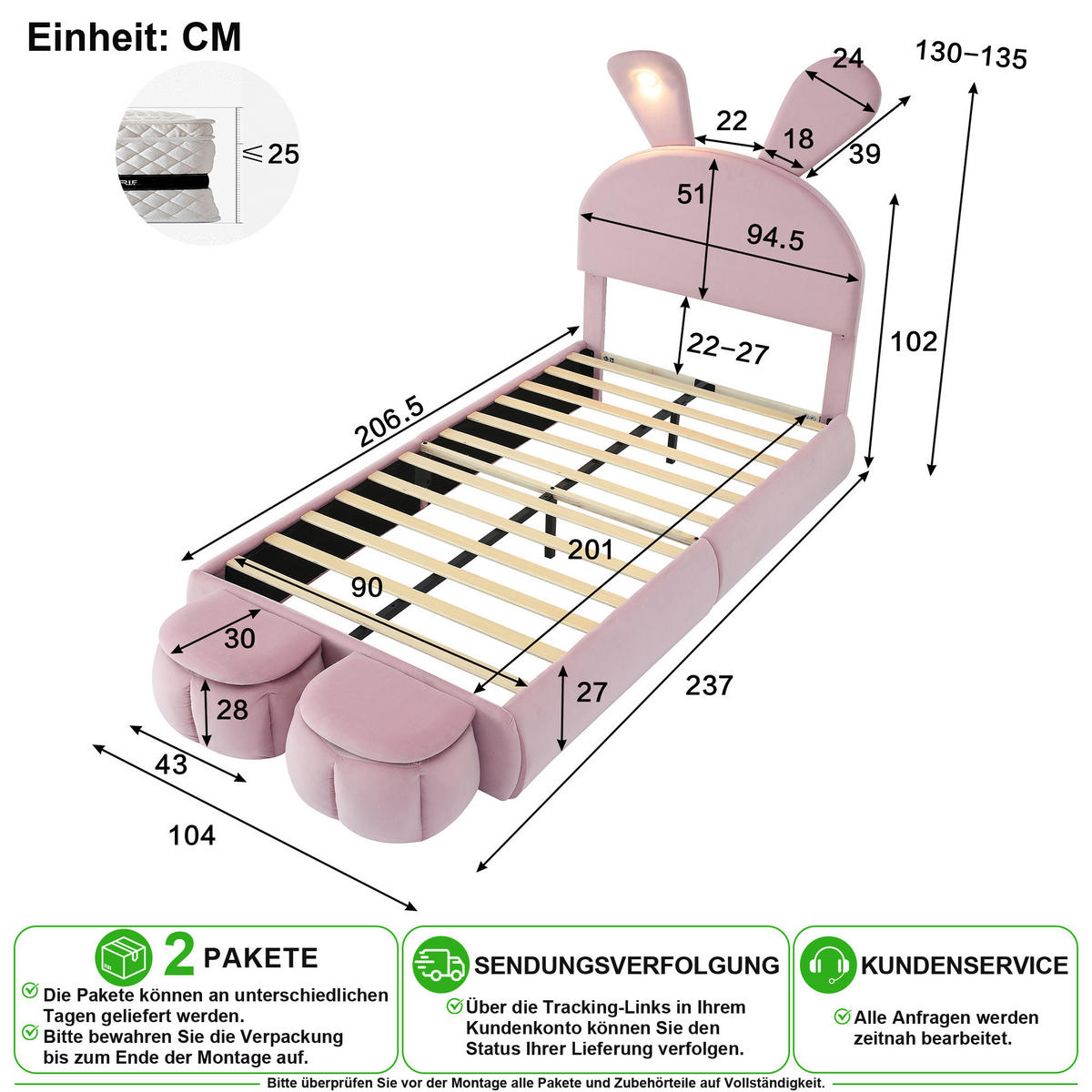 POLSTERBETT 90/200 cm in Rosa Samt mit LED und 2 Hockern - Rosa, Holzwerkstoff/Textil (90/200cm) - CHICFURN