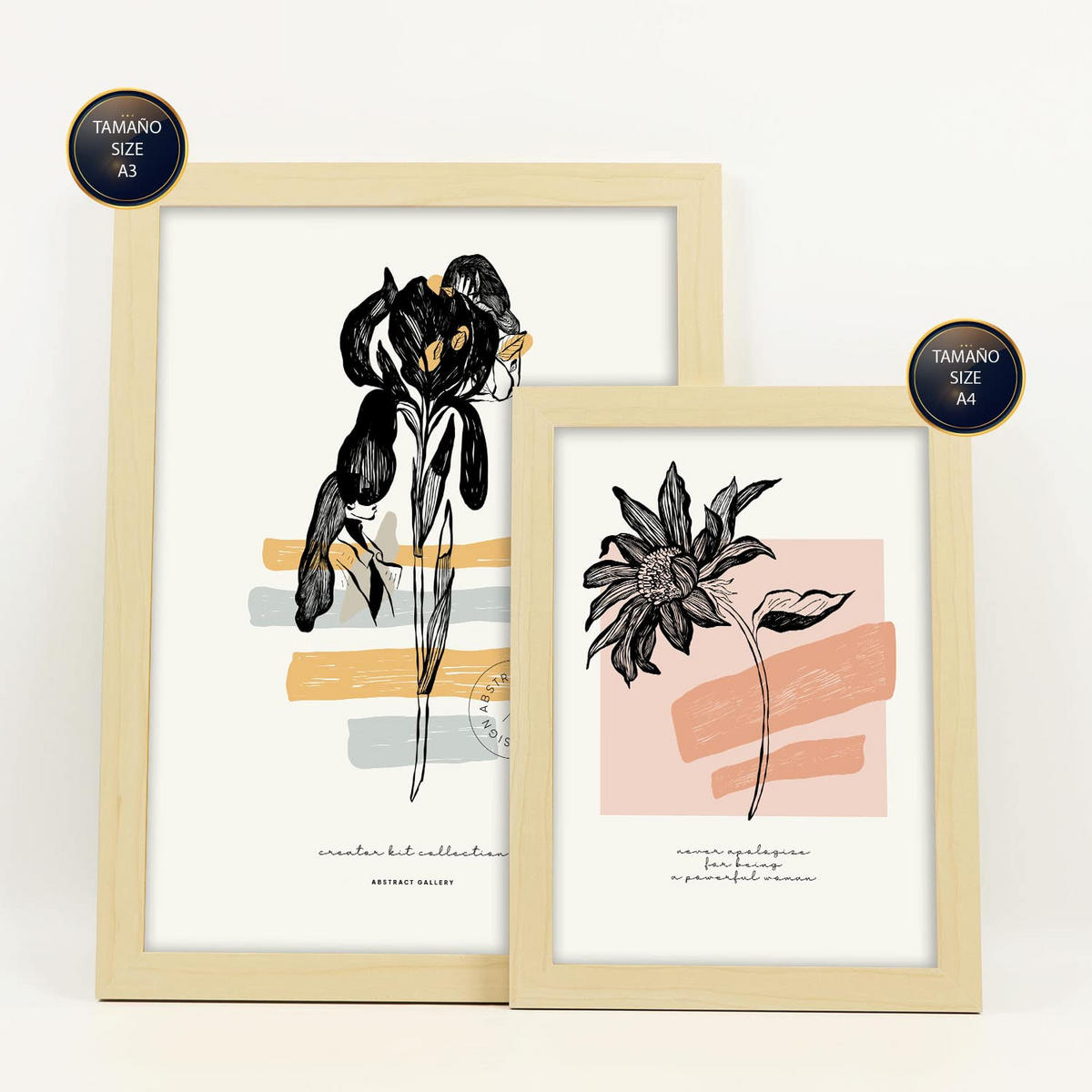 POSTER Set Mit 6 Schwarze Tintenblumen Größe A3 & A4 Rahmen aus hellem Holz - Beige, Papier (29.7/1cm) - Nacnic