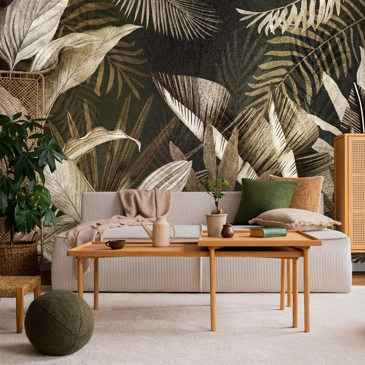 FOTOTAPETE Vintage Tropenpflanzen Blätter Exotisch Modern 400x280 - Beige/Grau, Papier (400/280cm) - Muralo