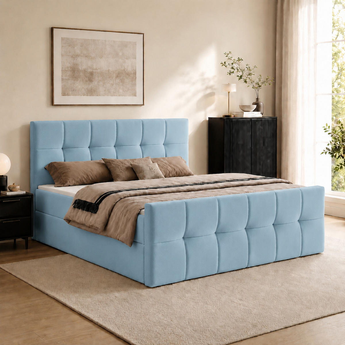 BOXBETT AUREN FRONT 160x200 cm Komplett-Set mit Bonell-Matratze, Topper und Bettkasten, Samt Hellblau - Hellblau, Textil (160/200cm) - Luxkor24