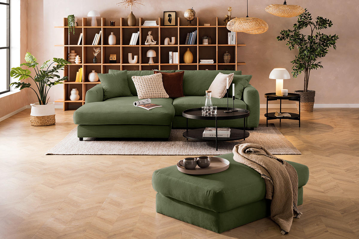 ECKSOFA mit Longchair - Schwarz/Grün, Holz/Kunststoff (238/183cm) - home24