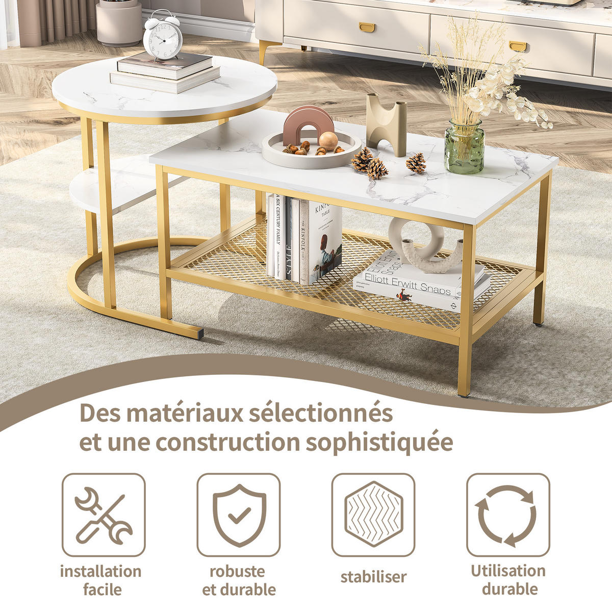 COUCHTISCH 2er Set rund schiebbar Beistelltisch Metall gold - Goldfarben, Holz (46/80/41cm) - LEBENLANG