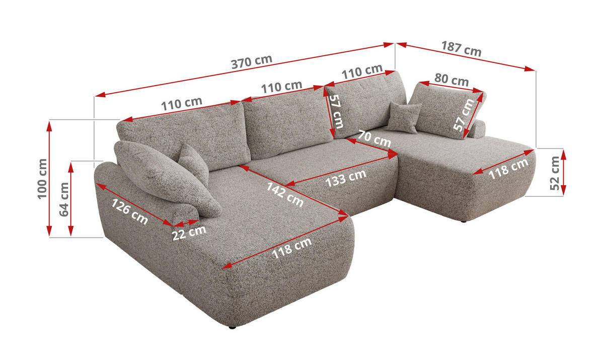 WOHNLANDSCHAFT CUBO U Beige Struktur - Beige/Schwarz, Kunststoff/Textil (370/100/187cm) - MKS