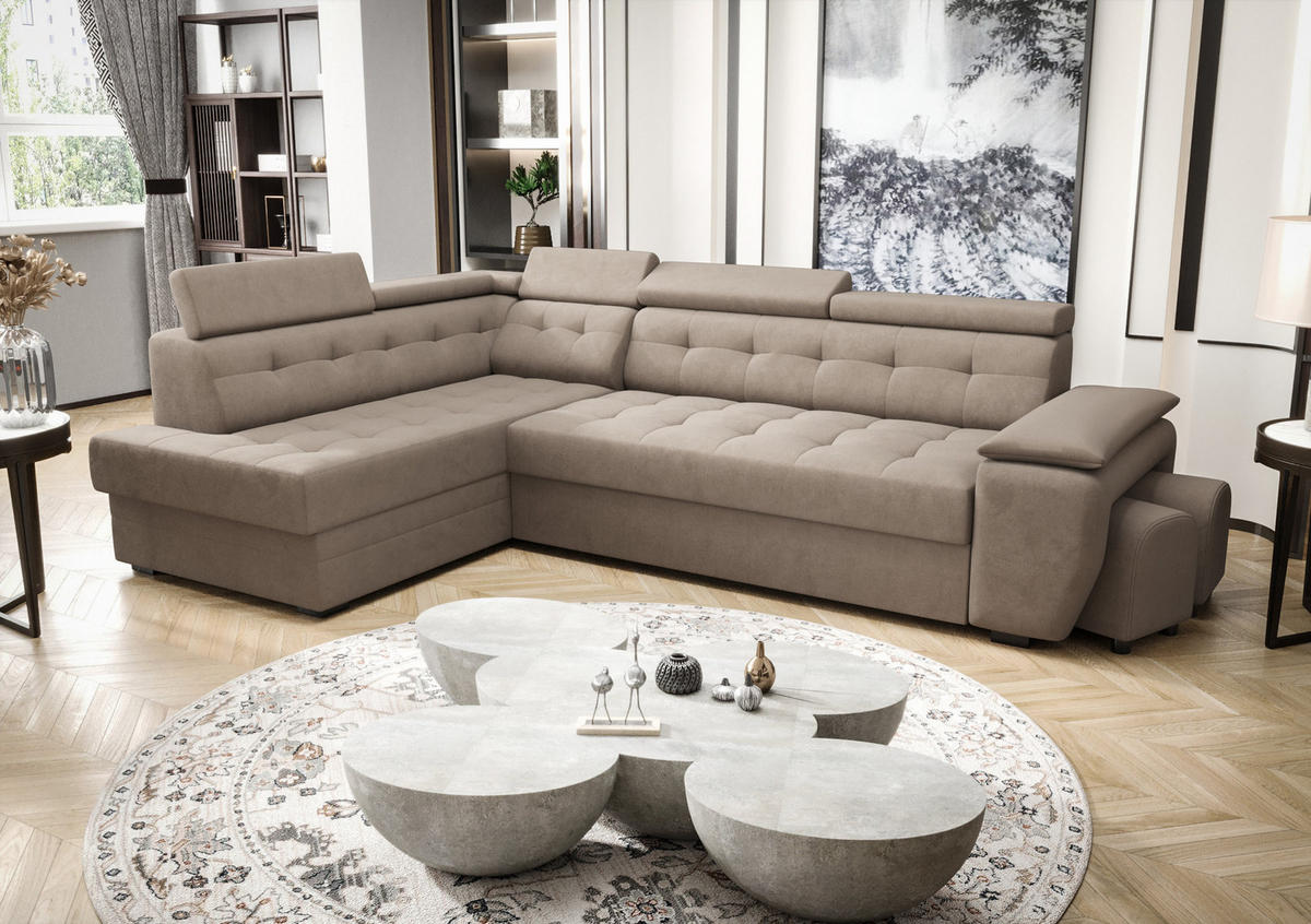 ECKSOFA KONGO RBN15, Eckcouch in L-Form mit Schlaffunktion, Farbe: Beige, Velourstoff, Ottomane Links - Beige, Textil (277/180cm) - O-Sofa