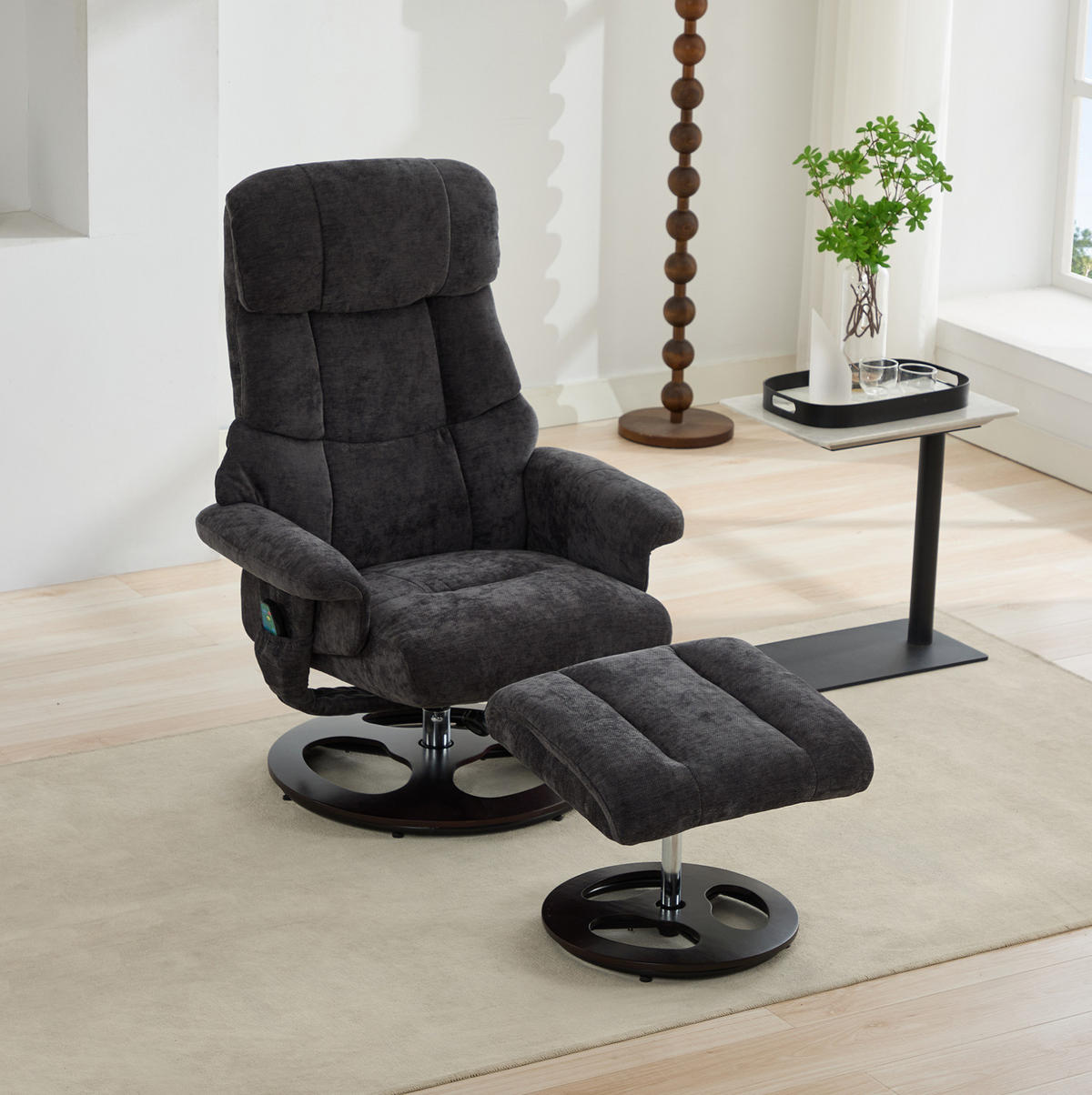 RELAXSESSEL 83,5/81/111 cm in Dunkelgrau mit Massagefunktion und Hocker - Dunkelgrau, Textil (83.5/111/81cm) - BEAOK