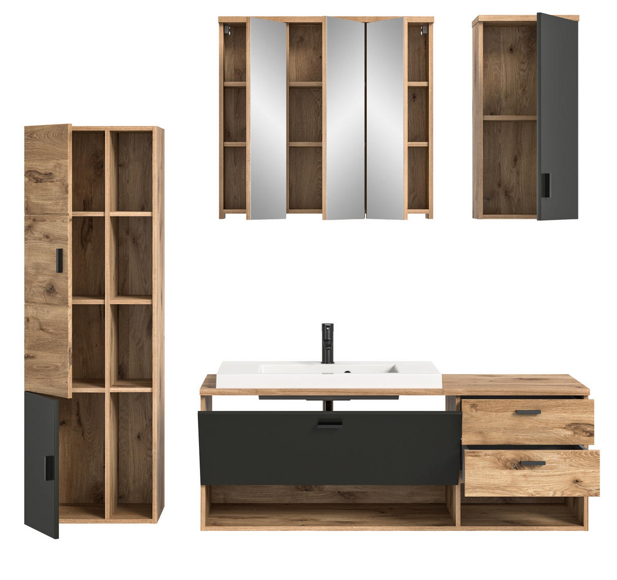 BADMÖBEL-SET Eiche, grau matt 5-teilig 200 cm, Kombination mit Waschbecken - Eichefarben/Grau, Holzwerkstoff (203/192/48cm) - Inn.Furn
