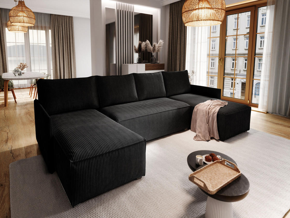 WOHNLANDSCHAFT TRES Schwarz Kordstoff mit Schlaffunktion - Schwarz, Holz (271/85/140cm) - MASSENO