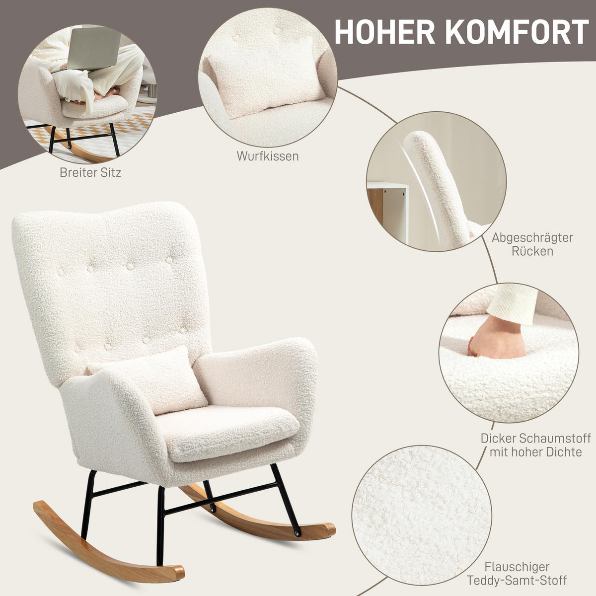 SCHAUKELSTUHL, Schaukelsessel mit Armlehne, Teddystoff-Optik, Cremeweiß - Creme/Naturfarben, Holz/Textil (69/100/92cm) - HOMCOM
