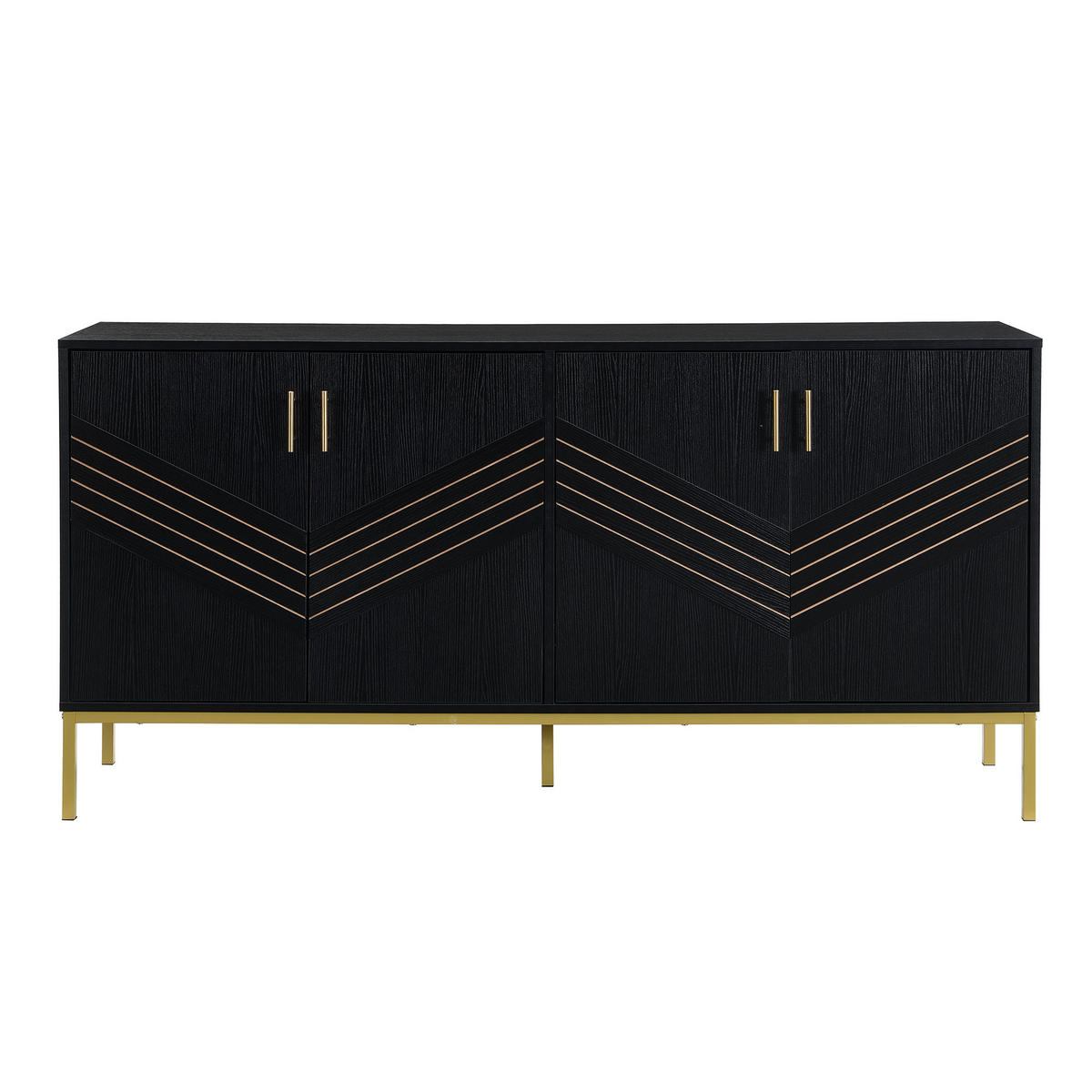 SIDEBOARD mit 4 Türen und höhenverstellbaren Einlegeböden, schwarzes MDF mit goldenen Metallakzenten, 160/40/80,5 cm, Schwarz + Holzmaserung - Schwarz, Holzwerkstoff (160/80.5/40cm) - Redom