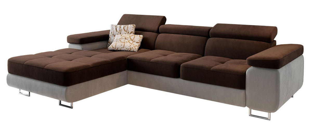 ECKSOFA ELMA L-S Braun Velours-Stoff mit Schlaffunktion - Braun, Holz (280/205cm) - MASSENO