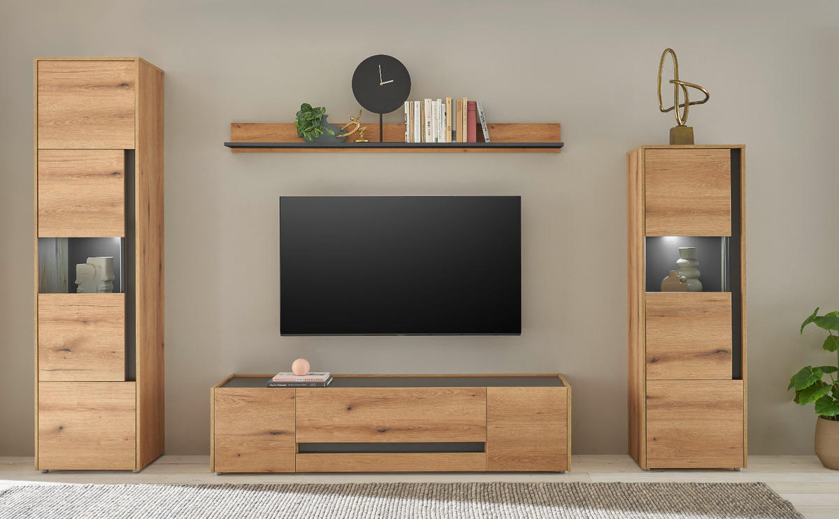TV-LOWBOARD Eiche Evoke, grau 170 cm, Fernsehtisch mit viel Stauraum - Eichefarben/Schwarz, Holz/Holzwerkstoff (170/40/45cm) - Furn.Design