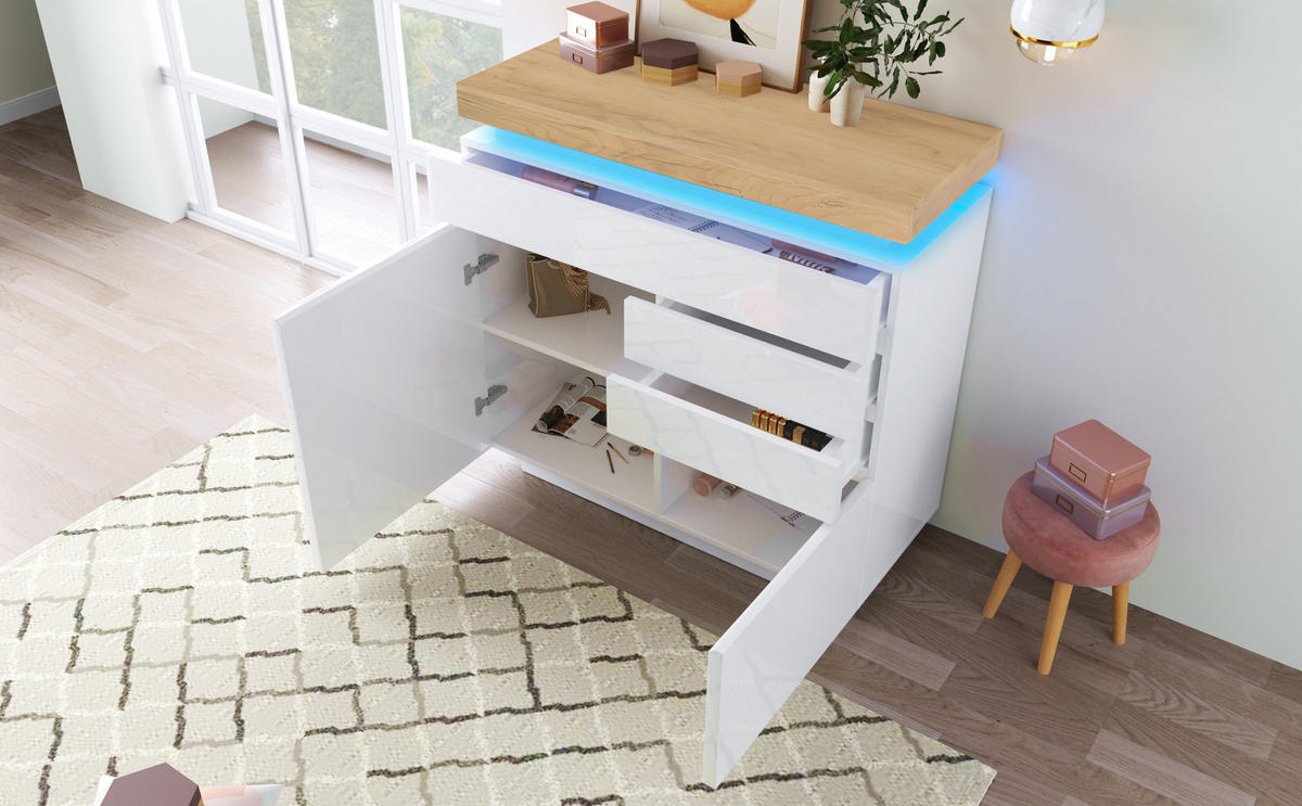 KOMMODE, Hochglanz, 3 Schubladen & 2 Türen, LED-App-Steuerung, 110x39x115 cm, Weiß - Weiß, Holzwerkstoff (39/115/110cm) - Modfu