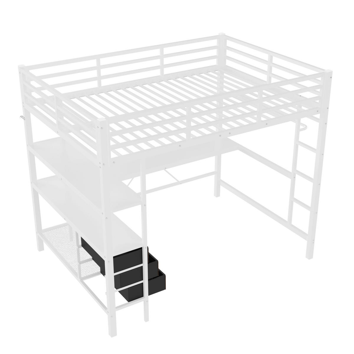 HOCHBETT 140/200 cm in Weiß mit LED-Beleuchtung, Schreibtisch und 3 Schubladen - Weiß, Metall (140/200cm) - Flora Grace