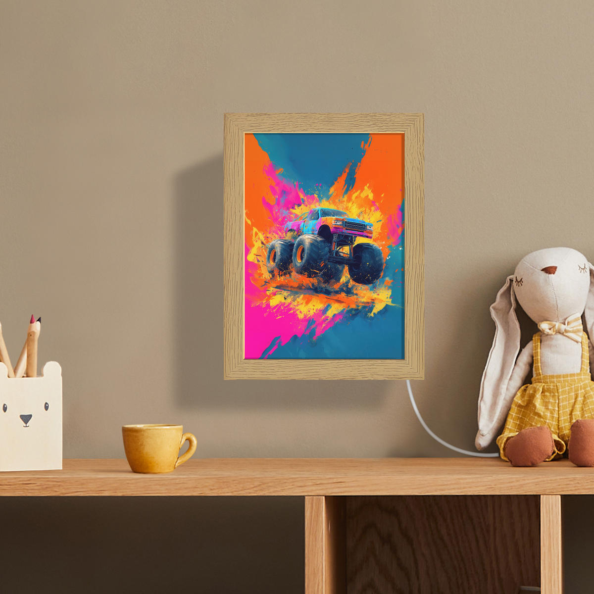 NÁSTĚNNÁ LAMPA Monster truck - Abstraktní - Stříkající barva - Barevné 15x20 cm - růžová, kompozitní dřevo (15/20/8cm) - OnlyWow