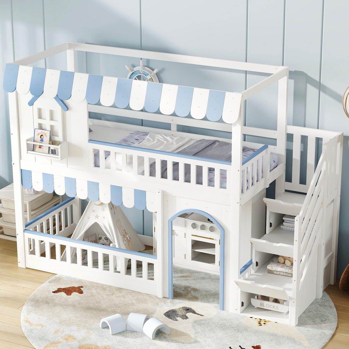 HOCHBETT 90x200 cm Treppe Stauraum Fenster blau - Weiß, Holz (90/200cm) - LEBENLANG