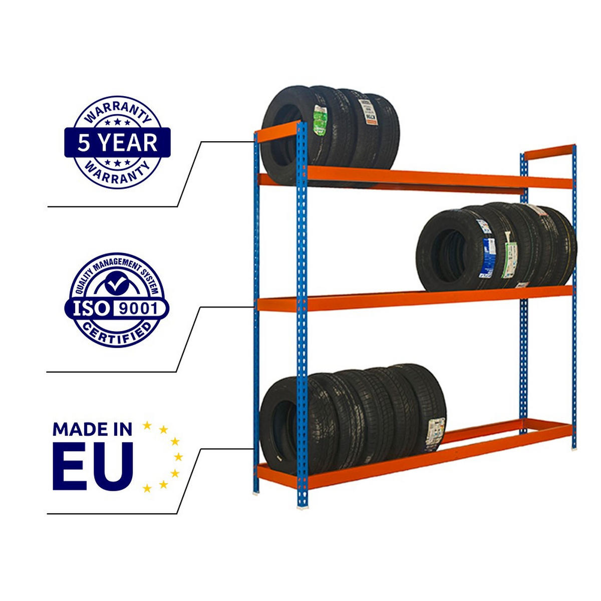REIFENREGAL Big Metal Shark NO.6 HxBxT 200 x 120 x 45 cm 3 Ebenen 15 Reifen Blau/ Orange - Blau, Metall (120/200/45cm) - PROREGAL