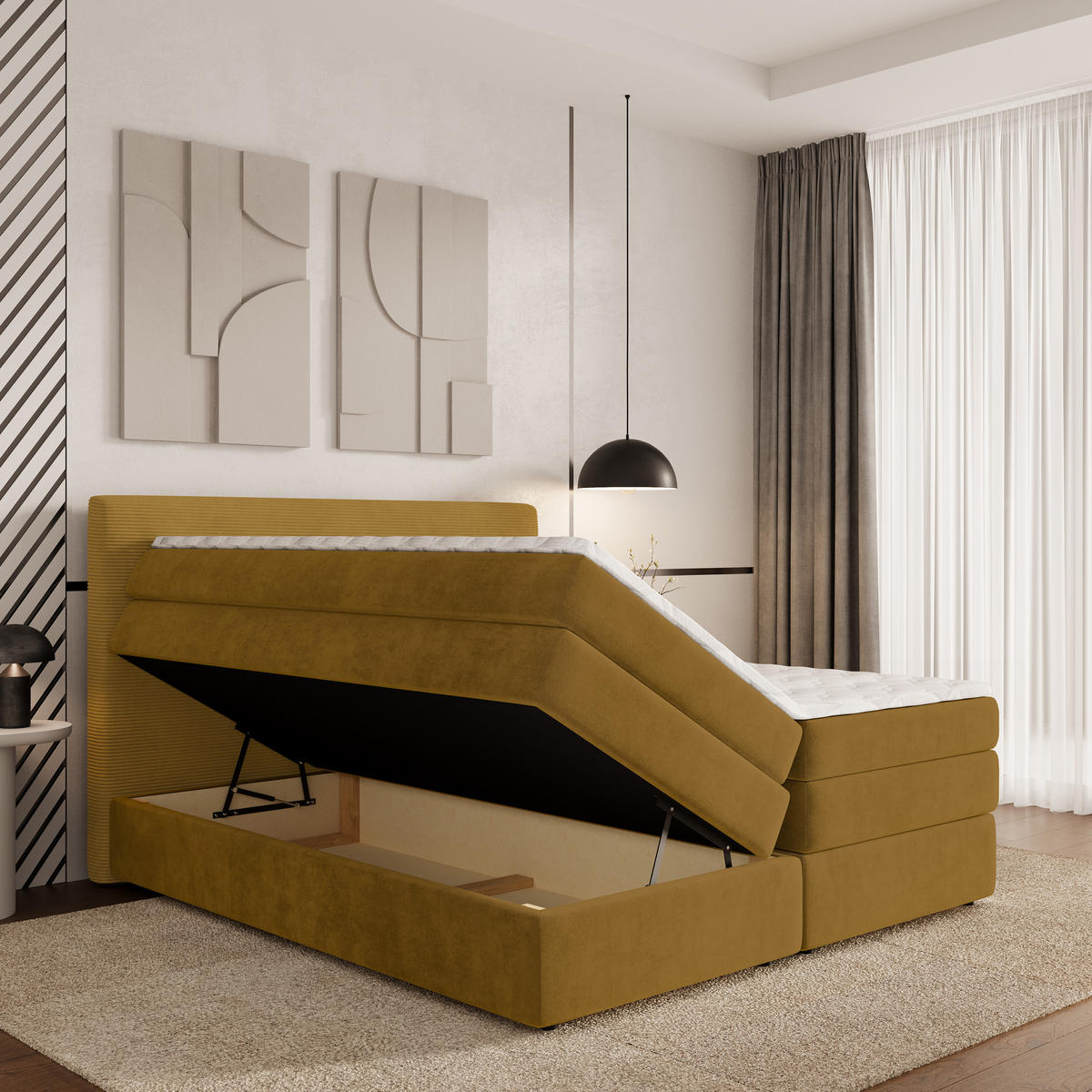 BOXSPRINGBETT MATERN 140x200 cm mit Matratze und Topper - Gelb - Gelb, Holz (140/200cm) - MASSENO