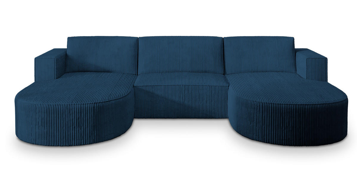 WOHNLANDSCHAFT VEZZO P Blau Kordstoff mit Schlaffunktion - Blau, Holz (347/85/174cm) - MASSENO