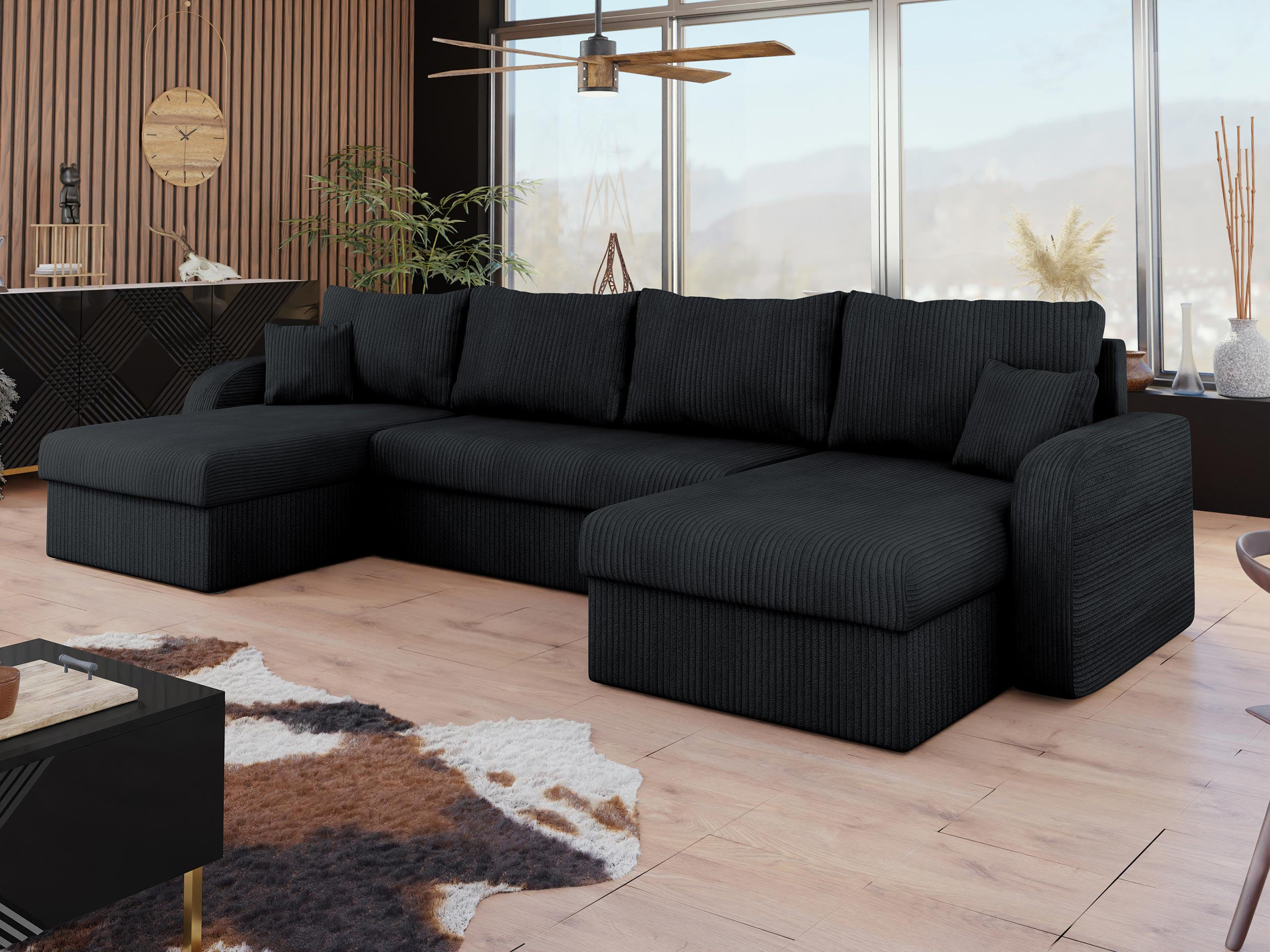 ECKSOFA Kris U Cord - Schwarz, Holz/Kunststoff (304/140cm) - MIRJAN24