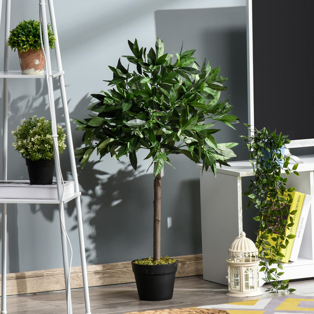 2ER-SET Künstlicher Lorbeerbaum 90 cm Kunstpflanzen im Zementtopf, Zimmerpflanze - Schwarz/Braun, Kunststoff (90cm) - Outsunny