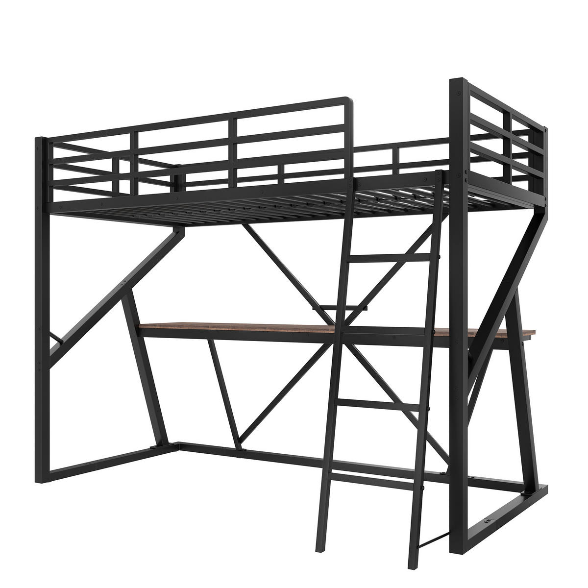 HOCHBETT 90/200 cm Schwarz mit LED-Beleuchtung und Schreibtisch aus Metall - Schwarz, Metall (90/200cm) - OKWISH