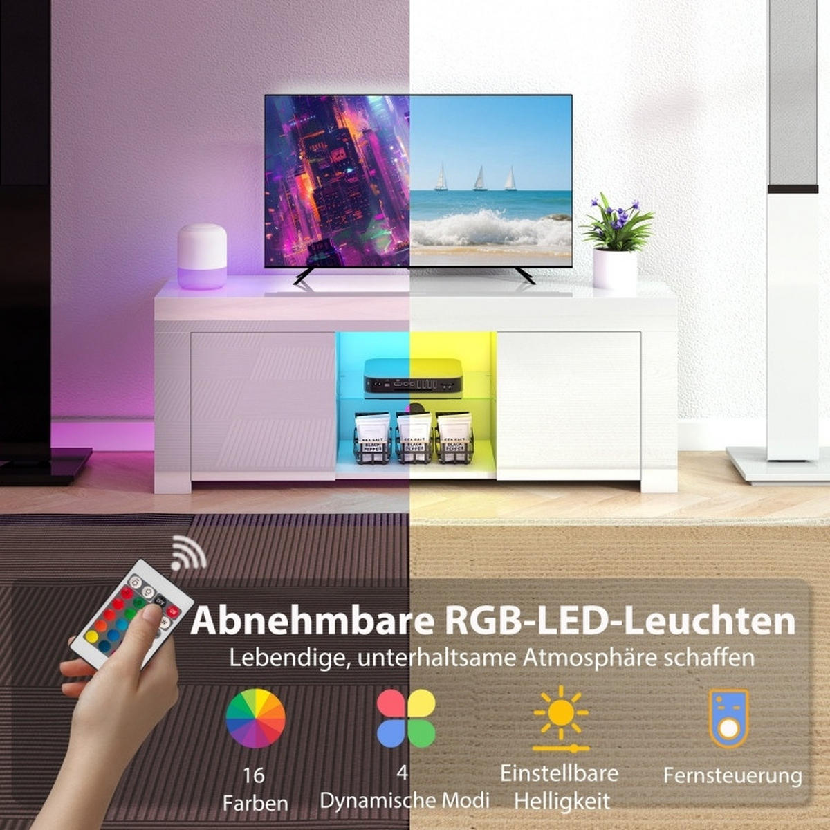 TV-LOWBOARD 120/34/45 cm mit LED-Beleuchtung & Kabeldurchlass - Weiß, Glas (120/45/34cm) - BEAOK