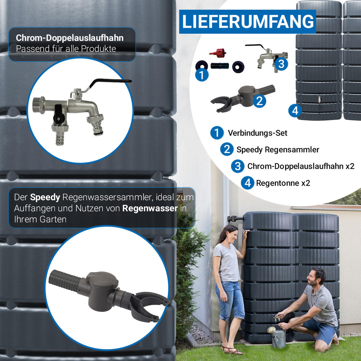 REGENTONNEN Wandtank-SET Komplett-Set 1000 L, graphite grey 2 x 500 L, inkl. Verbinder und Fallrohranschluss - Grau, Kunststoff (51/184/150cm) - 4rain