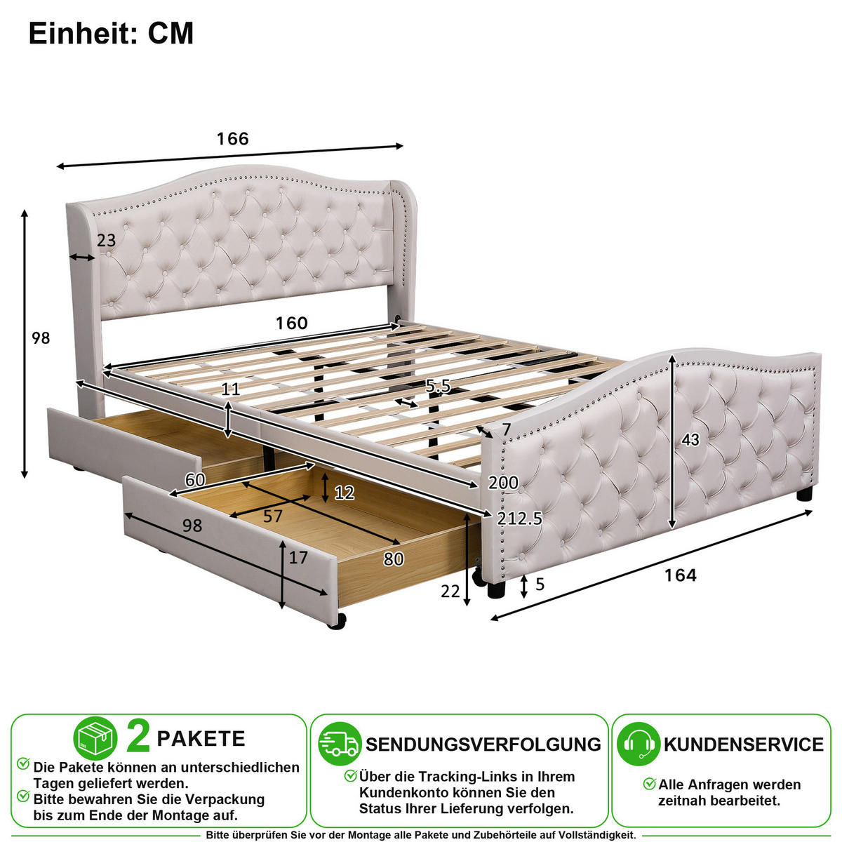 POLSTERBETT 160/200 cm in Weiß mit 2 Schubladen und Chesterfield-Design - Weiß, Holzwerkstoff/Textil (160/200cm) - CHICFURN